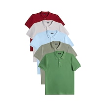Tudors Erkek 5'li Paket Bordo-gri-mavi-haki-çimen Yeşili Slim Fit Pamuklu Düz Pike Polo Yaka Tişört-33106 Multi Çok Renkli