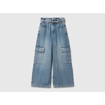 Mayoral Benetton Kız Çocuk Koyu Mavi Beli Bağlamalı Kargo Stili Wide Fit Denim Pantolon Açık Mavi