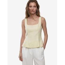 Koton Kolsuz Kare Yaka Peplum Keten Bluz Ada Çayı 6sak30090pw Açık Yeşil