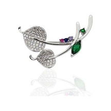 Oya Silver Zirkon Taşlı Dal Yaprağı Gümüş Broş 3.1x1.9cm Oya-brs-yprk-008