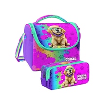 Coral High Mor Pembe Köpek Desenli Kız Çocuk Isı Yalıtımlı Beslenme Çantası Ve Kalemlik Seti