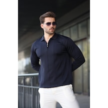 Lacivert Polo Yaka Fermuarlı Erkek Kazak E7427 Lacivert