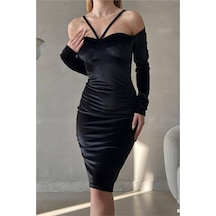 DefyModa Kadın İnce Kalp Yaka Balık Kesim Uzun Kollu Abiye Elbise Siyah