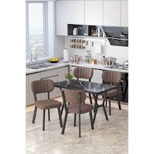 Parla 70x110cm Siyah Mermer Mutfak Masası, Mutfak Masası Takımı, Yemek Masası, 4 Kahverengi Sandalye Kahverengi