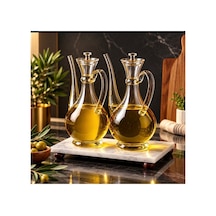 Mermer Standlı Borosilikat Cam 750 Ml Yağdanlık Set 3 Lü Yağlık Set Ayçiçek Yağı Zeytinyağı Şişesi Bej Bej