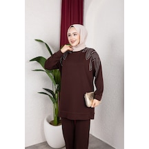 Hira Life Fashion Moda Efsa Kadın Kahverengi Tesettür Giyim Zarif Taş Detaylı Tunik & Pantolon İkili Takım Kahverengi Kahverengi