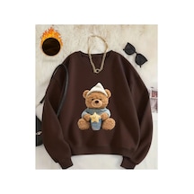 Herkesemoda Uykucu Ayı Baskı Detaylı Bisiklet Yaka Sweatshirt Kahverengi