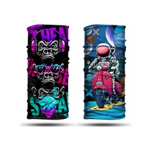 Dair Maymun - Motorlu Astronot Desenli 2'li Set Boyunluk Bandana Outdoor Balaklava Yüz Maskesi Kafa Bandı