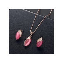 Almond Rose Gold Kristal Taşlı Modern Tasarım Hediye Kolye Küpe Seti Rose Pembe