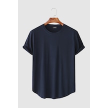Erkek Lacivert Kolları Katlı Oval Kesim Cepsiz Bisiklet Yaka T-shirt Lacivert