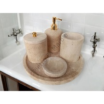 Sarı Traverten Klasik Model 5 Parça Gold Renk Düğme Aksesuarlı Banyo Seti Sarı Traverten