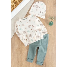 Figürlü 3'lü Şapkalı Unisex Bebek Takımı Su Yeşili