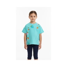 Toontoy Kids Toontoy Kız Çocuk Bisiklet Yaka Düşük Omuz Kısa Kollu Baskılı Tişört 25005 Mint Yeşili