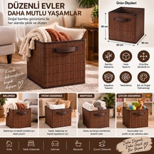 Bambu Hasır Sepet 30x30x30 Cm Kare Dekoratif Düzenleyici Saklama Sepeti Kahverengi