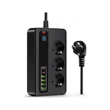 Pro P10 3000w Akım Korumalı Priz - 3 Ac Çıkışlı, 4 Usb Ve 2 Type-c Girişli Çoklu Priz, Hızlı Şarj Destekli Grup Priz Siyah