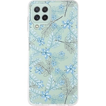 Samsung Galaxy M32 Uyumlu Kapak Floral Mavi Tasarımlı Şeffaf Silikon Kılıf