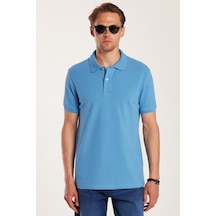 Tudors Erkek Slim Fit Dar Kesim Premium Seri %100 Pamuk Yumuşak Dokulu Merserize Mavi Polo Yaka Tişört -50912