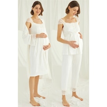 Monamise 18202303 Kadın Ekru Hamile Lohusa Seti Sabahlık Gecelik Pijama Takım