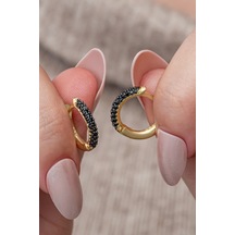 Nereze 925 Ayar Gümüş Gold Kaplama Siyah Taşlı 15 Mm Halka Küpe