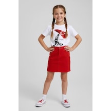Nacar Store Kız Çocuk Kocatepe Atatürk Baskılı T-shirt Ve Keten Etek Takım 23 Nisan-özel Bayramlar Kırmızı