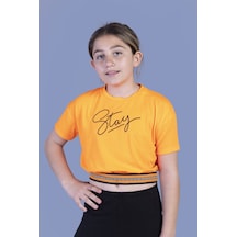 Toontoy Kids Toontoy Kız Çocuk Şerit Detaylı Baskılı Tişört Turuncu