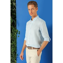 Efor Comfort Fit Düğmeli Yaka %100 Keten Apoletli Casual Mavi Gömlek G 1564 Mavi