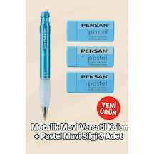 Metalik Mavi 0.7 Versatil Kalem + Pastel Mavi Silgi 3'lü Set Metalik Mavi