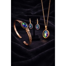 Kadın Bakır Küpe Bileklik Kolye Takım Seti Doğal Mistik Topaz Taşlı Oval Model Set Diğer