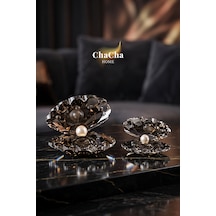 Chacha Home Oceana Pearl 2'li Kristal İncili İstiridye Obje Seti 9x7 Cm & 7x5 Cm - Lüks Cam Dekoratif Masa Üstü Biblo Füme
