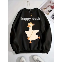 Happy Duck Yazılı Baskılı Bisiklet Yaka Oversize Sweatshirt Siyah