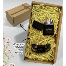 Bk Gift Hediye Kutulu Kişiye Özel İsimli Benzinli Çakmak Ve Deri Örme Dikdörtgen Metal Erkek Bileklik Hediye Seti, Sevgiliye Hediye, Erkek Aksesuar He Gümüş - Siyah