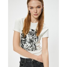 Koton Baskılı Tişört Kısa Kollu Bisiklet Yaka Slim Fit Pamuklu Ekru 5wal10386ık Ekru