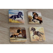Şaha Kalkmış Atlar Doğal Taş Bardak Altlığı 4'lü Set - Natural Stone Coasters - Taş Çok Renkli