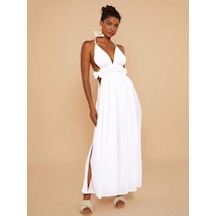 Fashion Cocktail İp Bağlama Askılı Yan Dekolteli Bağcık Fiyonk Pamuklu Maxi Uzun Tatil Beach Yazlık Elbise Beyaz