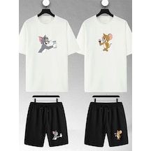 Unisex Tom Ve Jerry Rakı Baskılı Sevgili Çift Kombini Tasarım Oversize Tshirt Ve Şort Beyaz Mck0578 Beyaz