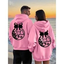 Nevermind Yılbaşı Sevgili Kombini Hoodie Merry Christmas Baskılı Oversize U Pembe