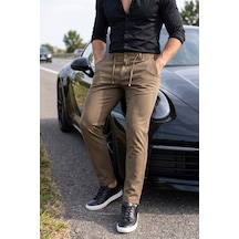 Deepsea Erkek Slim Fit Çizgili Açık Kahve Kumaş Pantolon İpli Esnek Bel Likralı Spor Pantolon 2700240
