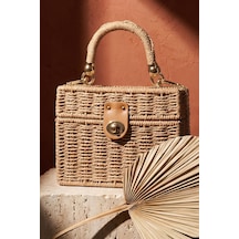 Ithal Şirin Kutu Tasarımlı Zincir Askılı Kore Stil Örme Bohem Egzotik Omuz Hasır Sepet Örgü Sert Kalıp Deri Detaylı Vintage Minimalist Tatil Küçük El Çantası Camel