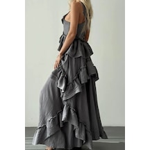Fashion Cocktail İp Bağlama Askılı Fırfırlı Hacimli Dalgalı Hareketli Yırtmaçsız Maxi Uzun Yazlık Sahil Tatil Elbise Gri