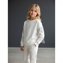 Kız Çocuk Yüzde Yüz Pamuklu İki İplik Zincir Detaylı Sweatshirt-16698 Ekru