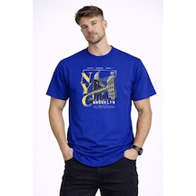 Herkesemoda Nyc Brooklyn Detaylı Basic T-shirt Mavi