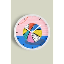 Soyut Renkli Basketbol Topu Tasarım Modern Duvar Saati - 30cm - Önü Camlı Beyaz Kasa Beyaz