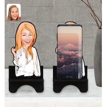 Kişiye Özel Kadın Model Karikatürlü Ahşap Biblo Telefon Standı-2