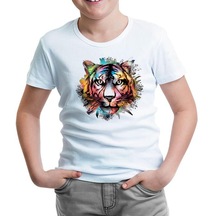 Colorful Tiger Head Beyaz Çocuk Tshirt 001