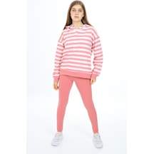 Toontoy Kids Toontoy Kız Çocuk 2'li Takım Çizgili Kapüşonlu Düşük Omuz Çıtçıtlı Sweatshirt & Basic Düz Tayt Gül Kurusu