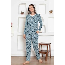 Kadın Çiçek Desen Bisiklet Yaka 3 Düğmeli %100 Pamuk Penye İnce Yazlık Uzun Kol Pijama Takımı İndigo Kadın Çiçek Desen Bisiklet Yaka 3 Düğmeli %100 Pamuk Penye İnce Yazlık Uzun Kol Pijama Takımı İndigo