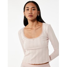 Koton Pamuklu Uzun Kollu U Yaka Crop Pijama Üstü Lila 6wlk40165mk Lila