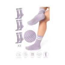 Saysez Bambu Kadın Kaydırmaz Taban Silikon Baskı Pilates Yoga Fitness Dans Aktivite Tenis Çorabı Lila 3'lü Renkli