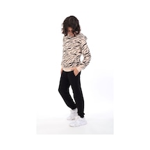 Toontoy Kids Toontoy Erkek Çocuk 2'li Takım Baskılı Kapüşonlu Reglan Kol Sweatshirt & Beli Paçası Lastikli Cepli Jogger Eşofman Altı - 2 İplik Bej