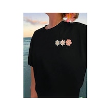 Medinenur Ön Ve Arka Çoklu Çiçek Baskılı Basic T-shirt Siyah